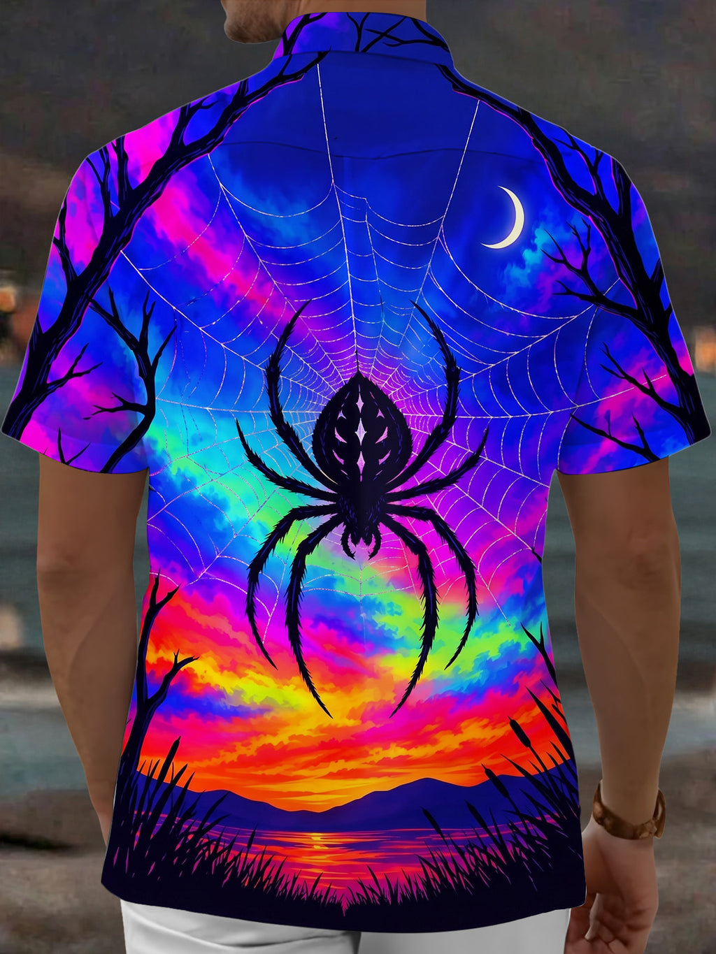 Oceanlyte Men's Hawaiian Spider And Spider Web Print Short Sleeve Shirt with Chest Pocket