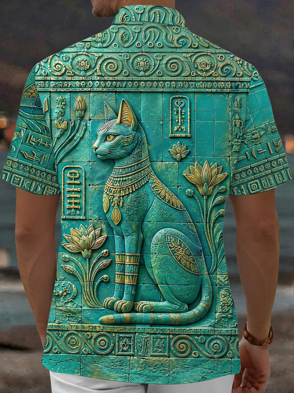 Oceanlyte Men's Vintage Style Egyptian Cat Relief Print Short Sleeve Shirt with Chest Pocket
