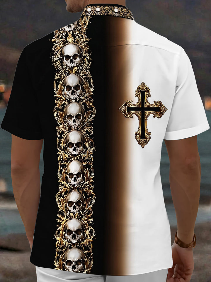 Oceanlyte Men's Skull And Cross Ornament Print Short Sleeve Shirt with Chest Pocket