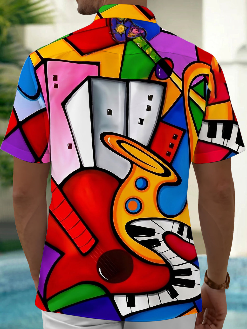 Oceanlyte Men's Graphic Abstract Musical Instruments Print Short Sleeve Shirt with Chest Pocket