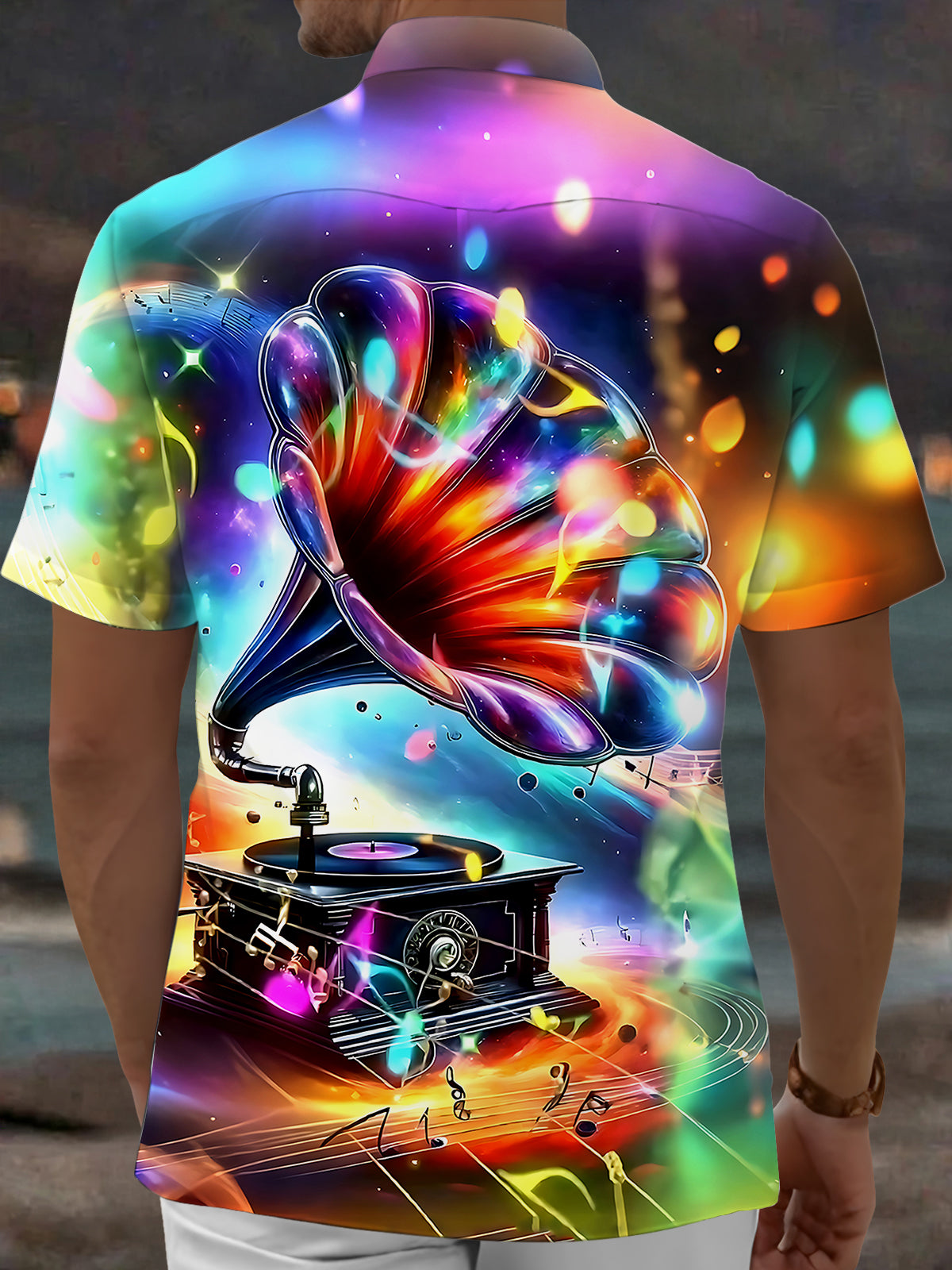 Oceanlyte Men's Graphic Colorful Gramophone Print Short Sleeve Shirt with Chest Pocket