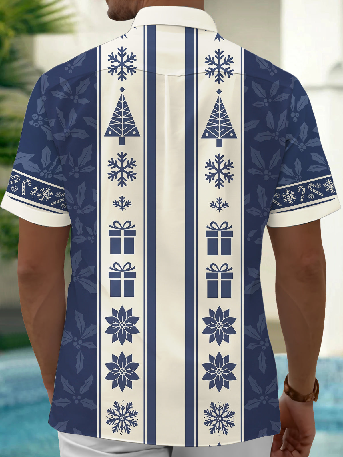 Oceanlyte Men's Short Sleeve Shirt - Christmas Trees Snowflakes Gift Boxes And Poinsettias Print with Chest Pocket