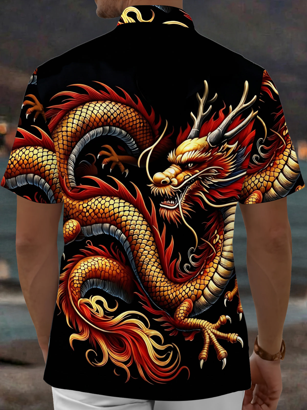 Oceanlyte Men's Hawaiian Chinese Dragon Print Short Sleeve Shirt with Chest Pocket