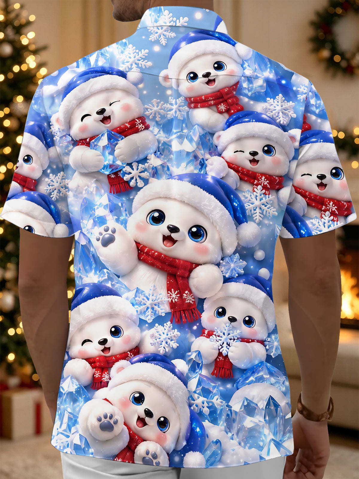 Oceanlyte Men's Graphic Christmas Polar Bear Print Short Sleeve Shirt with Chest Pocket