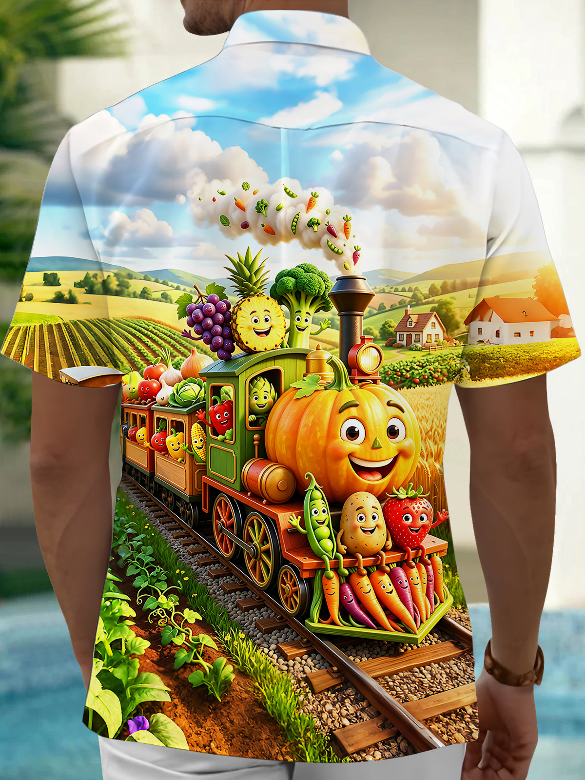 Oceanlyte Men's Short Sleeve Shirt - Cartoon Pumpkin Train With Fruits And Vegetables Print with Chest Pocket