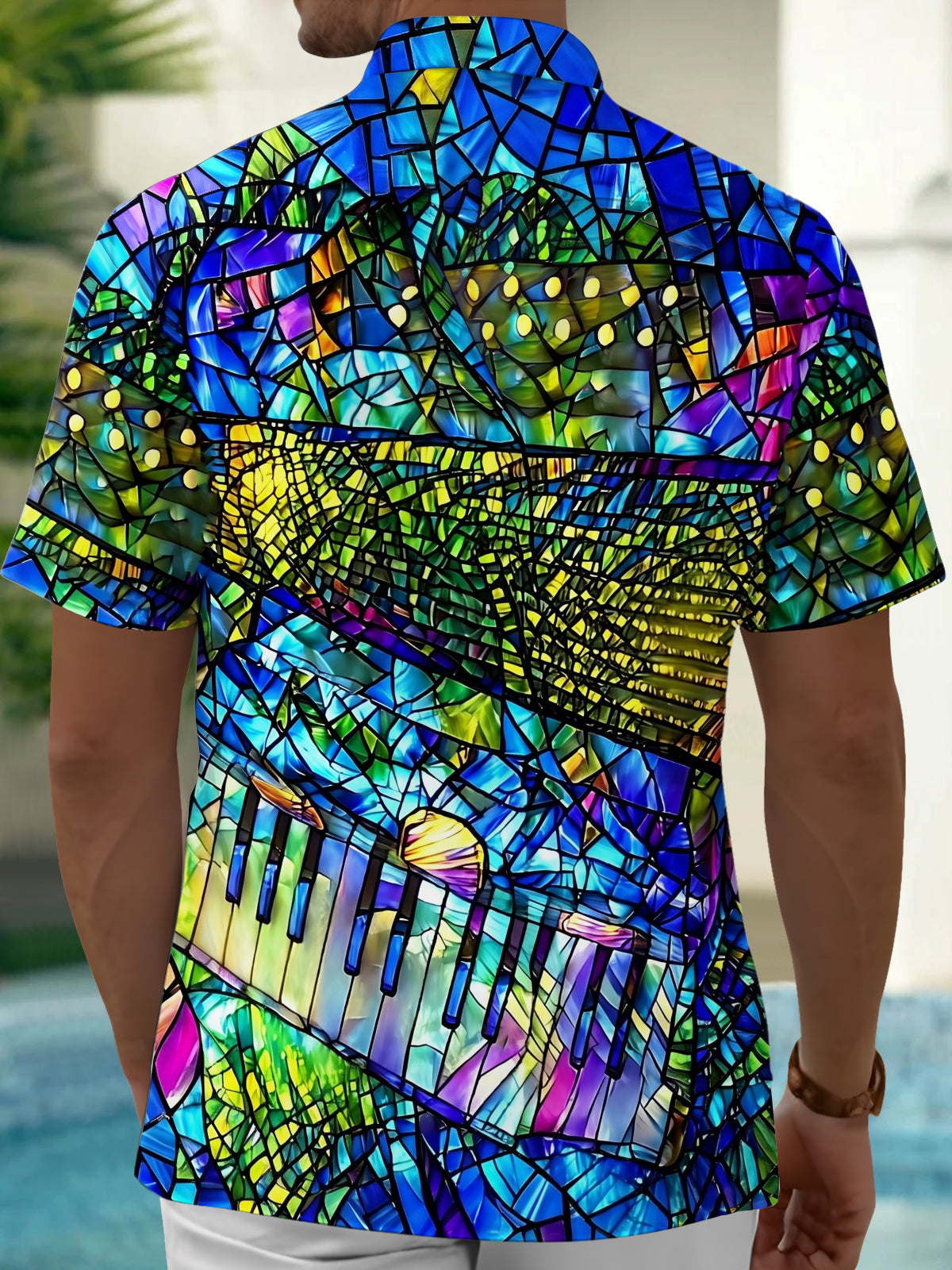 Oceanlyte Men's Printed Stained Glass Piano Print Short Sleeve Shirt with Chest Pocket