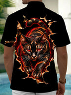 Oceanlyte Men's Short Sleeve Shirt - Black Cat With Red Eyes Bursting Through Fabric Print with Chest Pocket
