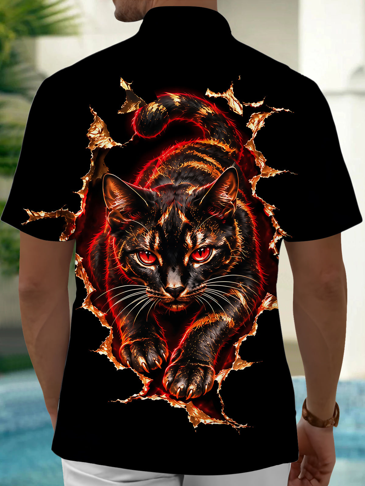 Oceanlyte Men's Short Sleeve Shirt - Black Cat With Red Eyes Bursting Through Fabric Print with Chest Pocket
