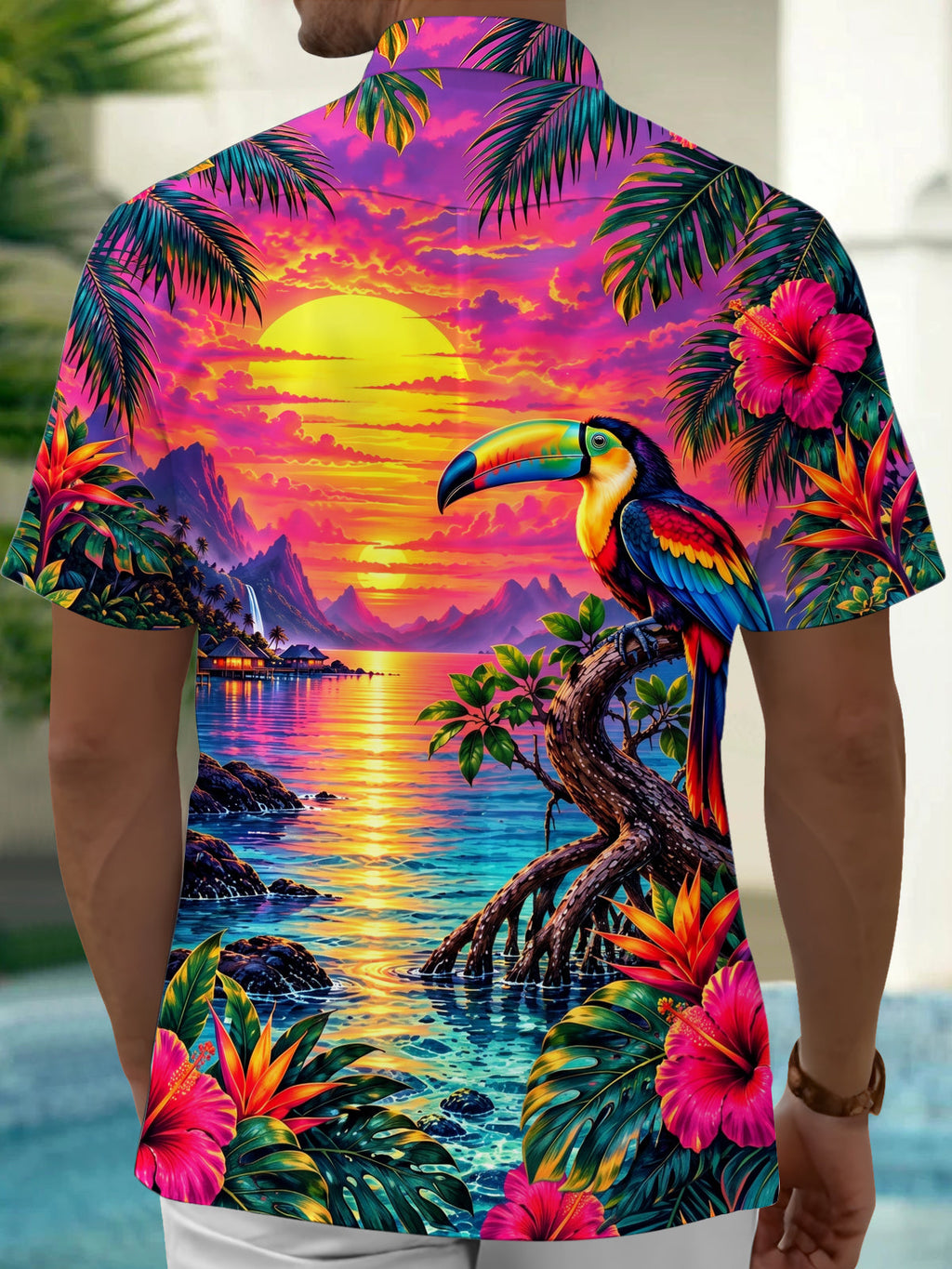 Oceanlyte Men's Hawaiian Toucan Sunset Landscape Print Short Sleeve Shirt with Chest Pocket
