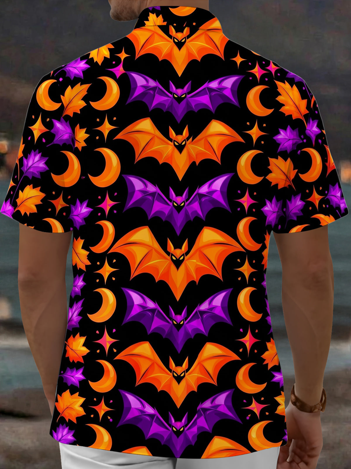 Oceanlyte Men's Halloween Bats And Crescent Moons Print Short Sleeve Shirt with Chest Pocket