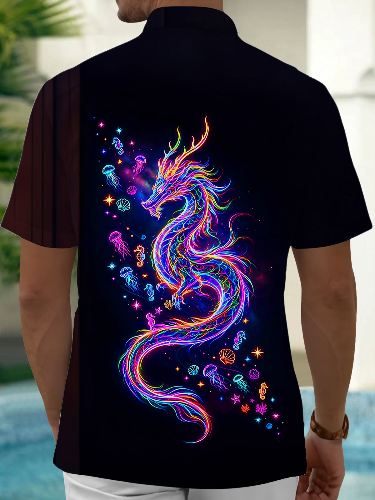 Oceanlyte Men's Graphic Neon Sea Dragon Print Short Sleeve Shirt with Chest Pocket