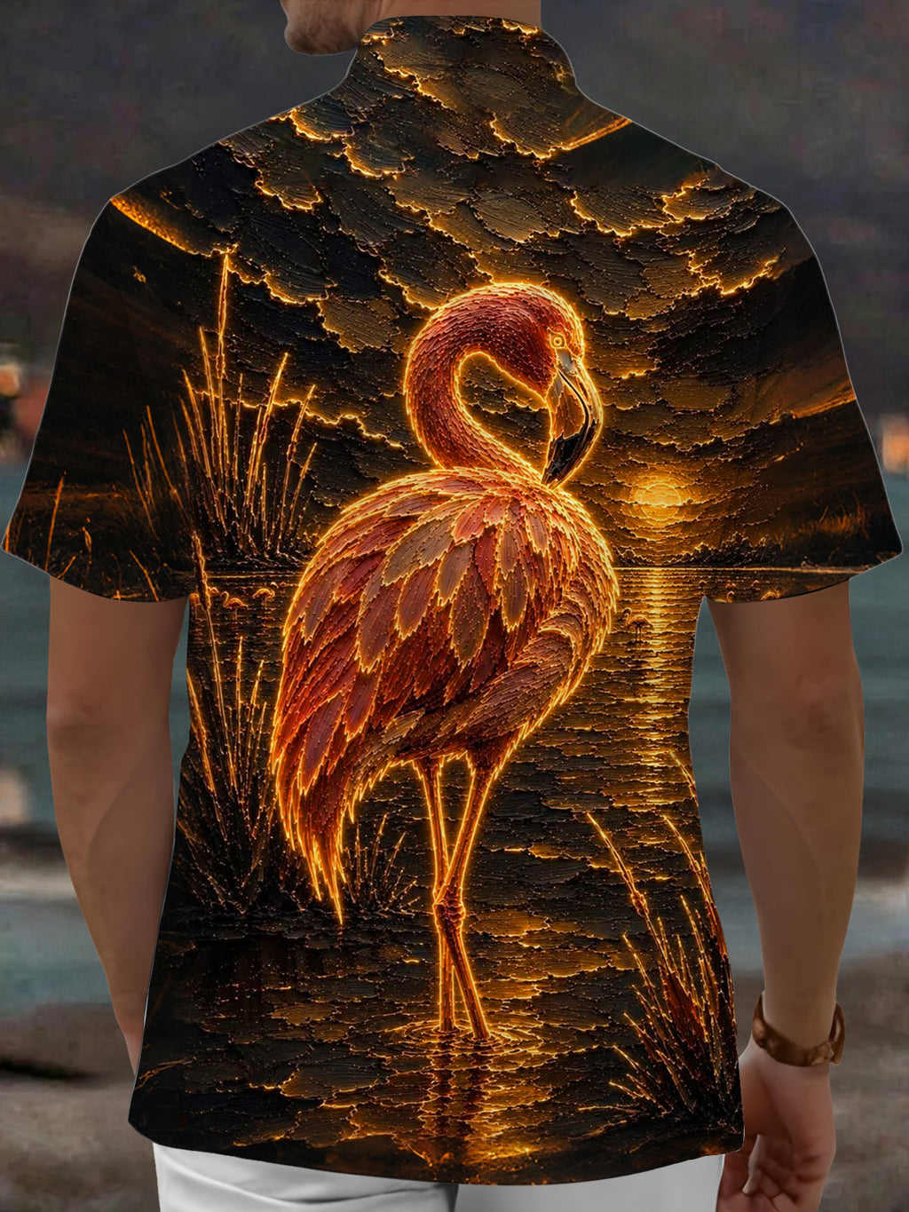 Oceanlyte Men's Hawaiian Flamingo Sunset Print Short Sleeve Shirt with Chest Pocket