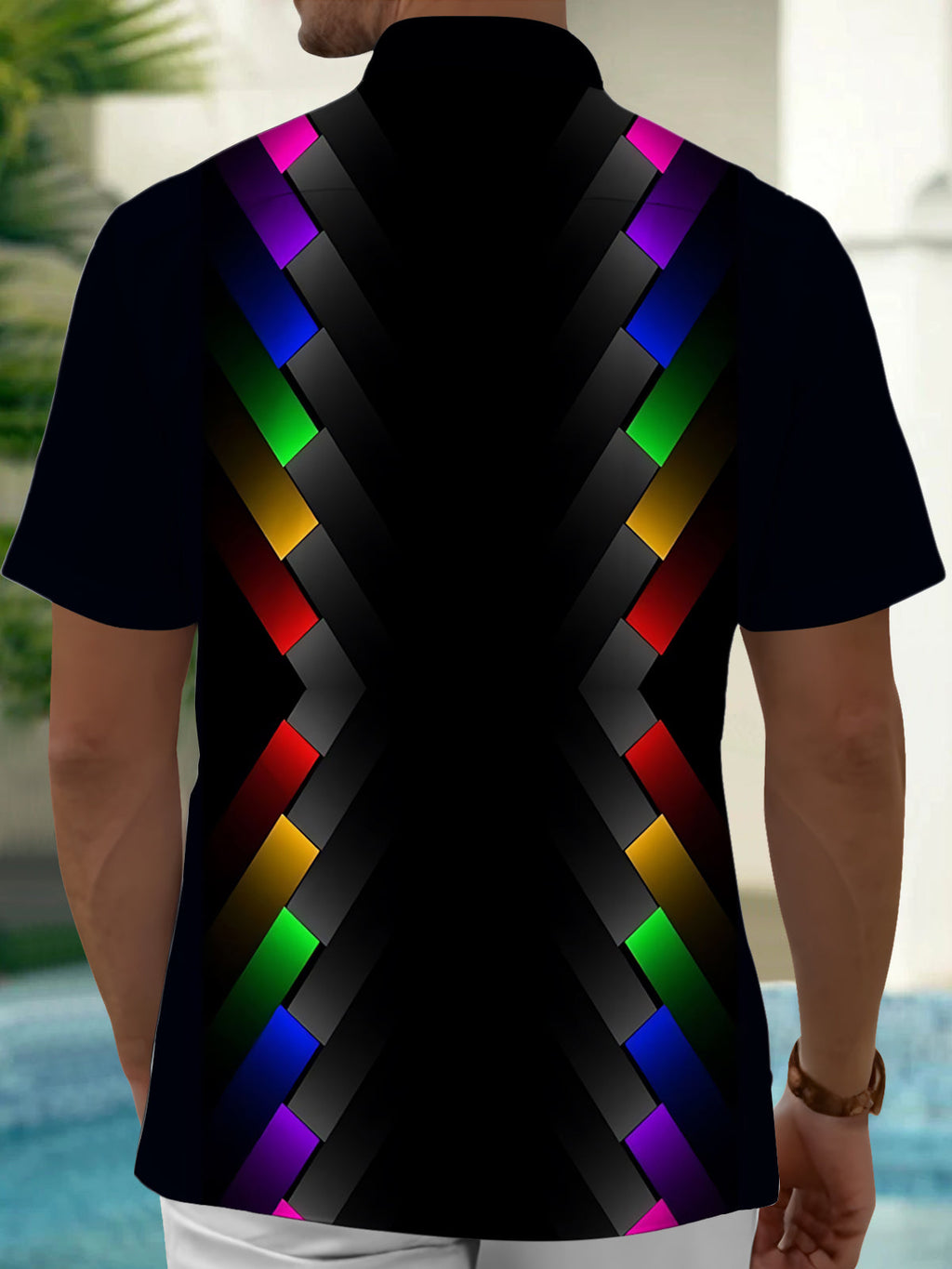 Oceanlyte Men's Rainbow Geometric Chevron Print Short Sleeve Shirt with Chest Pocket