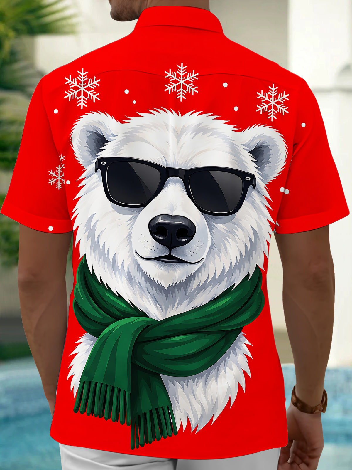 Oceanlyte Men's Short Sleeve Shirt - Christmas Polar Bear With Sunglasses And Green Scarf Print with Chest Pocket
