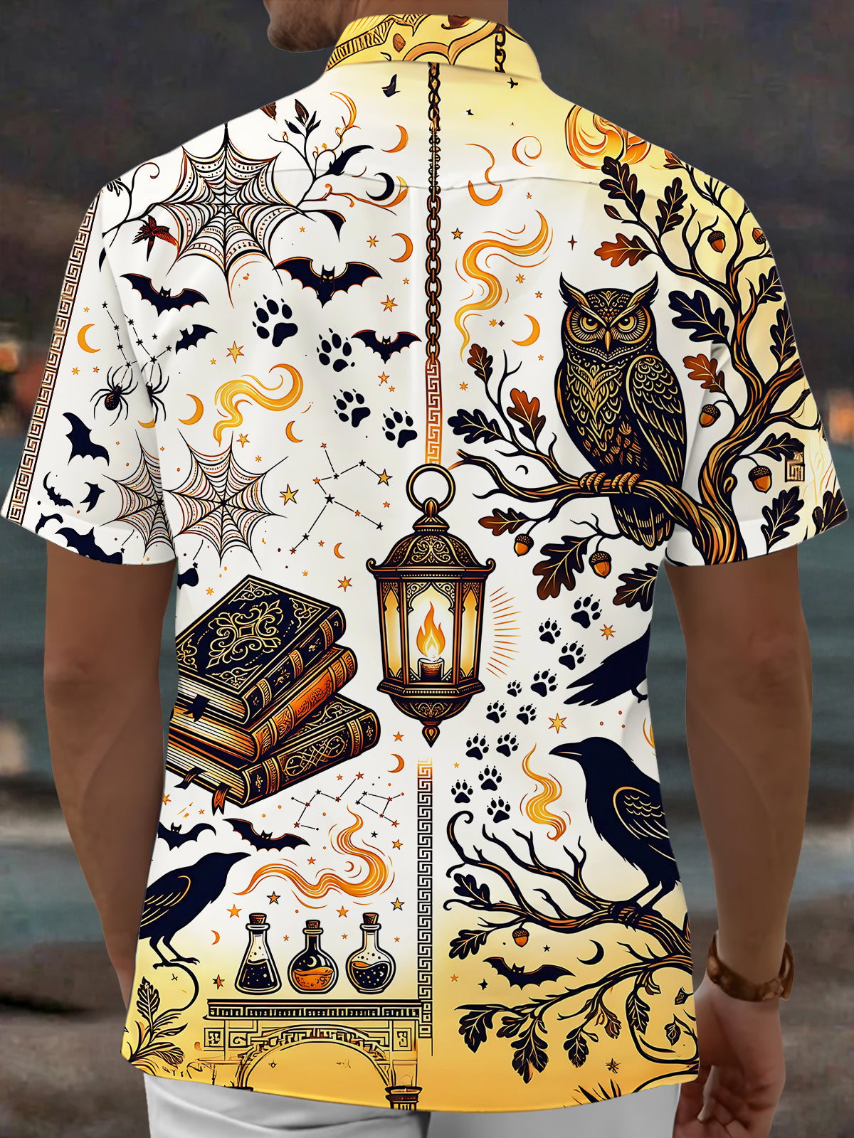 Oceanlyte Men's Short Sleeve Shirt - Halloween Bats And Spiderwebs Print Mystic Owl And Grimoire Books Print with Chest Pocket
