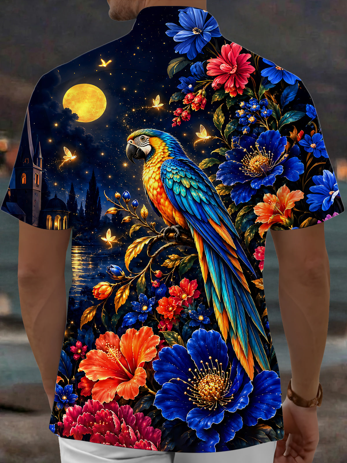 Oceanlyte Men's Hawaiian Parrot Night Scene Print Short Sleeve Shirt with Chest Pocket