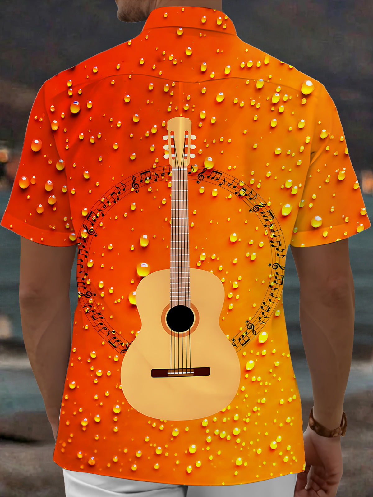 Oceanlyte Men's Graphic Guitar Print Musical Notes Print Short Sleeve Shirt with Chest Pocket