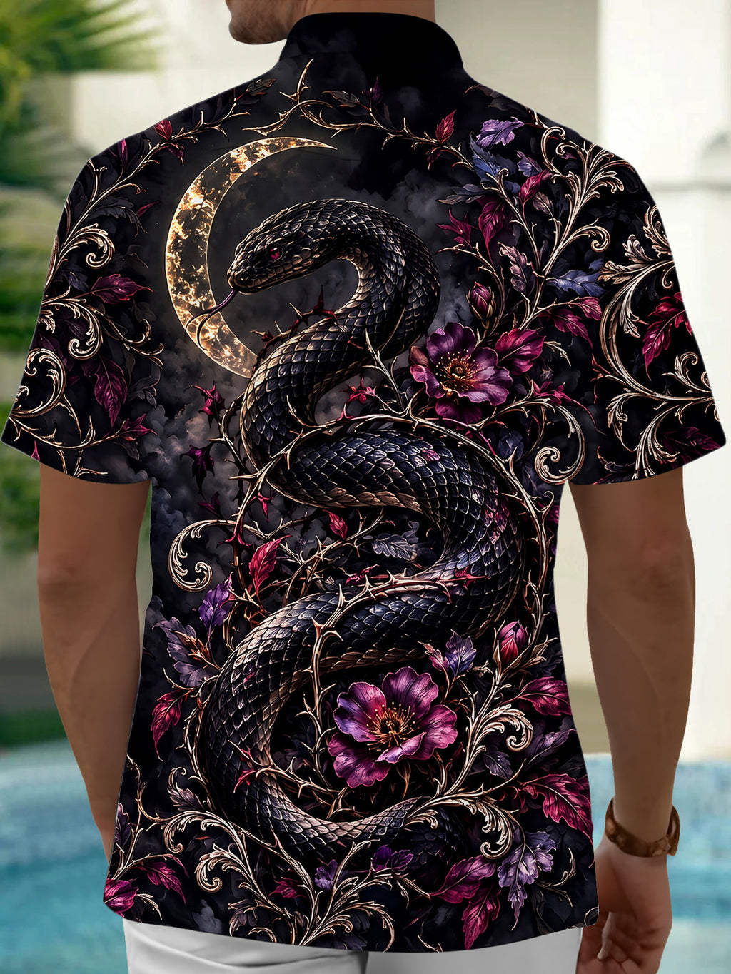 Oceanlyte Men's Dark Snake And Purple Flowers With Moon Print Short Sleeve Shirt with Chest Pocket