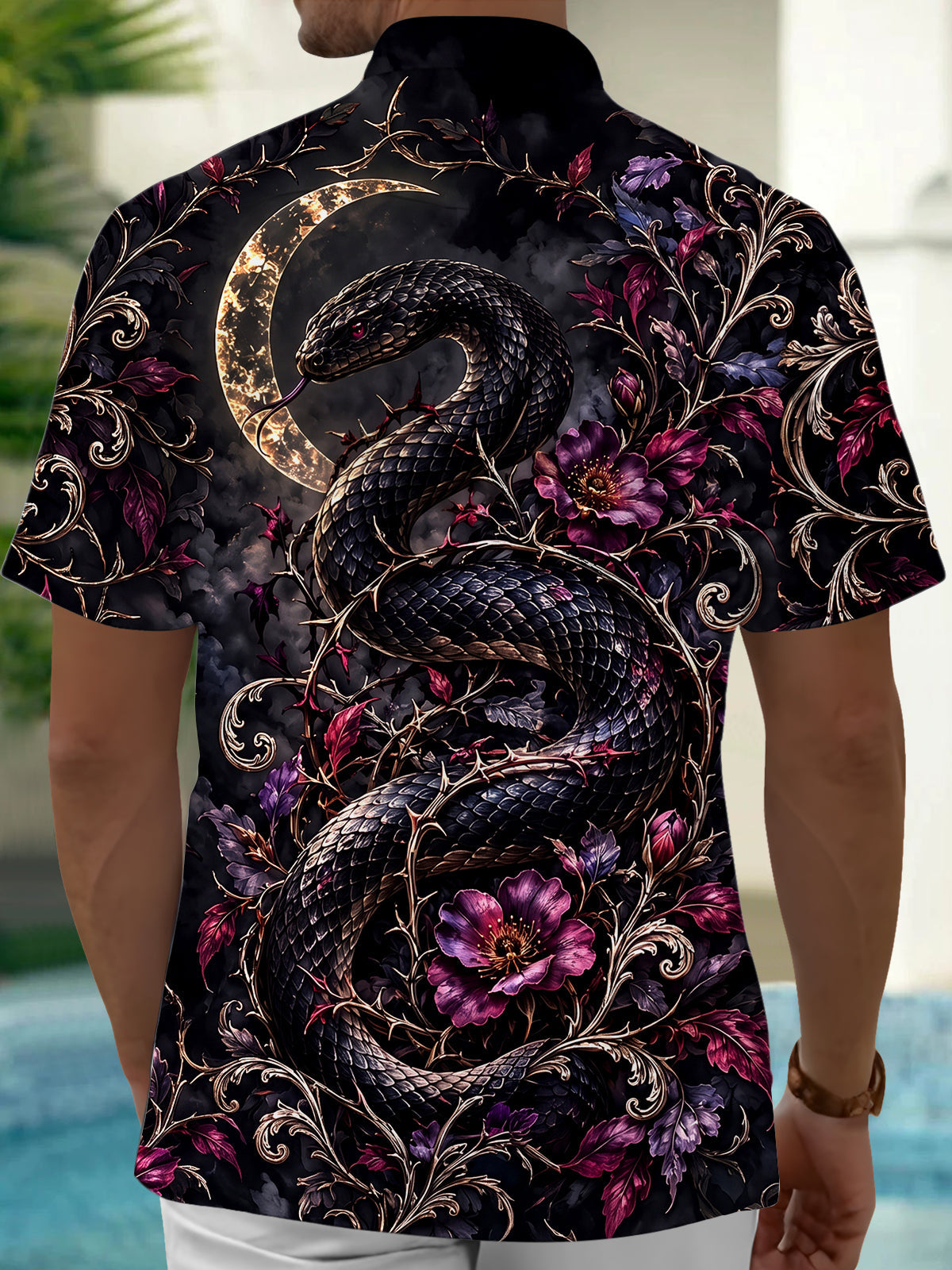 Oceanlyte Men's Dark Snake And Purple Flowers With Moon Print Short Sleeve Shirt with Chest Pocket