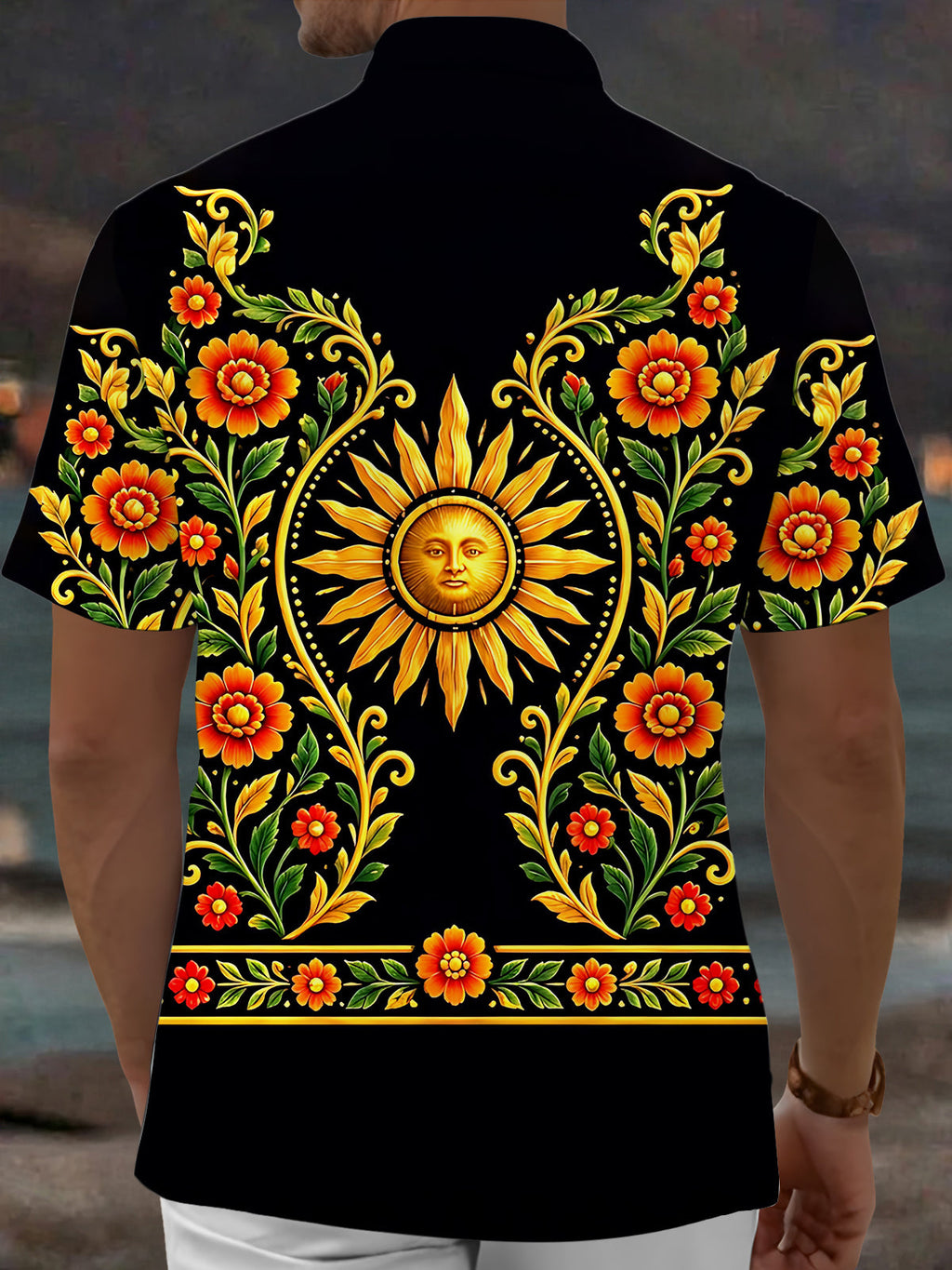 Oceanlyte Men's Hawaiian Sun With Face And Floral Vines Print Short Sleeve Shirt with Chest Pocket