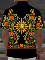 Oceanlyte Men's Hawaiian Sun With Face And Floral Vines Print Short Sleeve Shirt with Chest Pocket