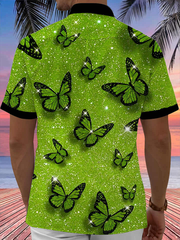Oceanlyte Men's Hawaiian Green Glitter Butterfly Pattern Short Sleeve Shirt with Chest Pocket