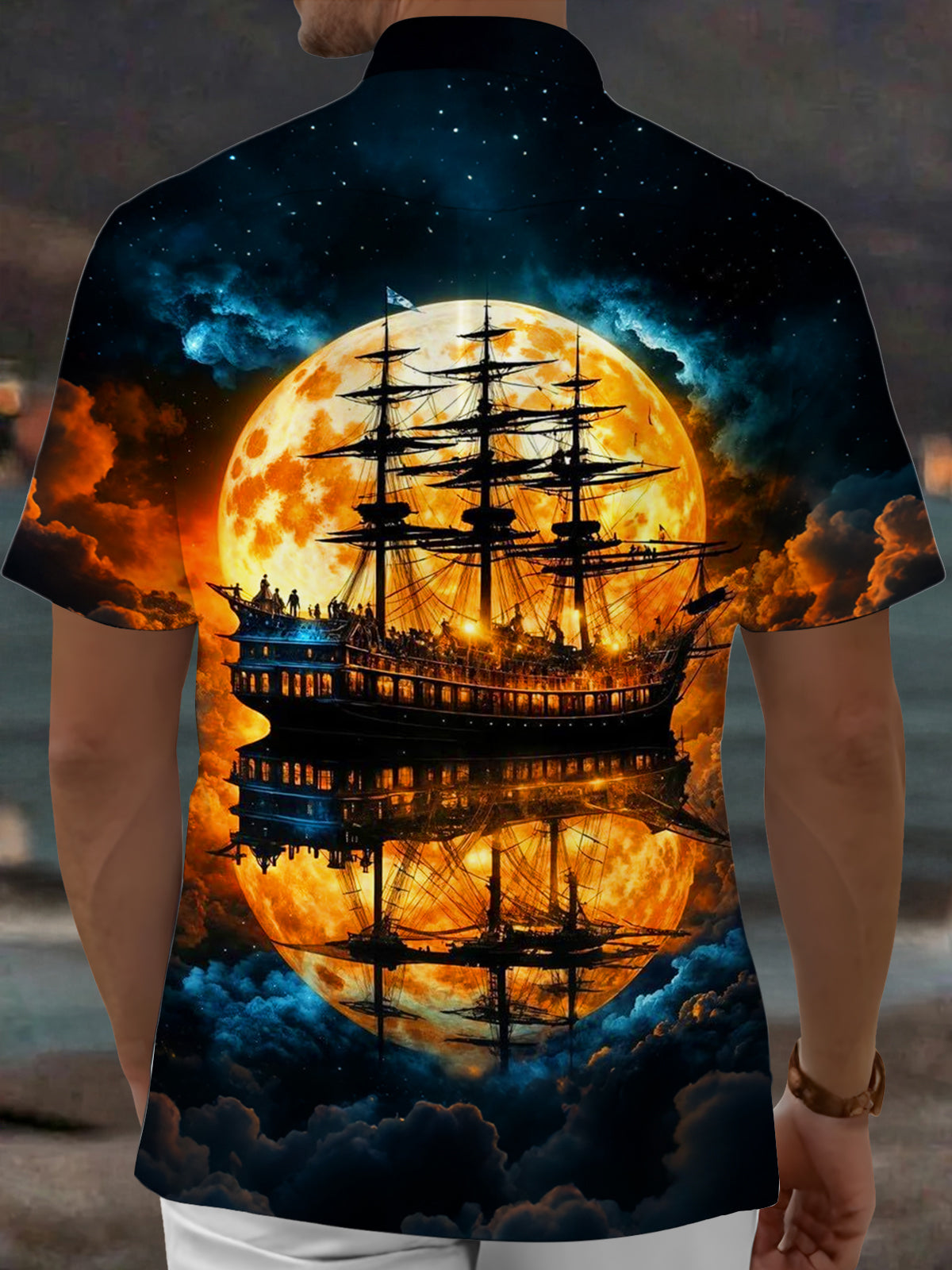 Oceanlyte Men's Vintage Style Sailing Ship Silhouette Print Short Sleeve Shirt with Chest Pocket