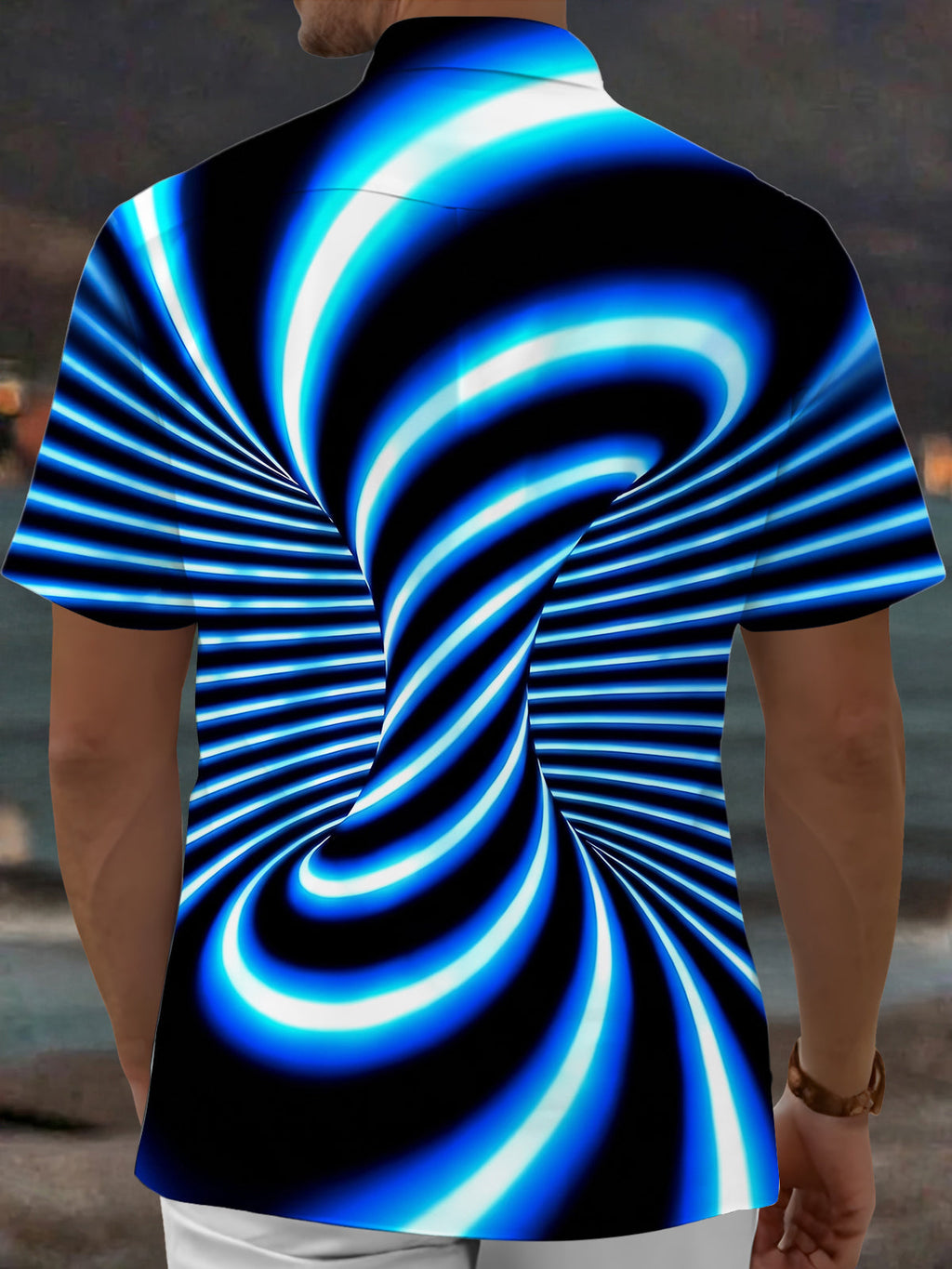 Oceanlyte Men's Psychedelic Blue Neon Swirl Pattern Short Sleeve Shirt with Chest Pocket