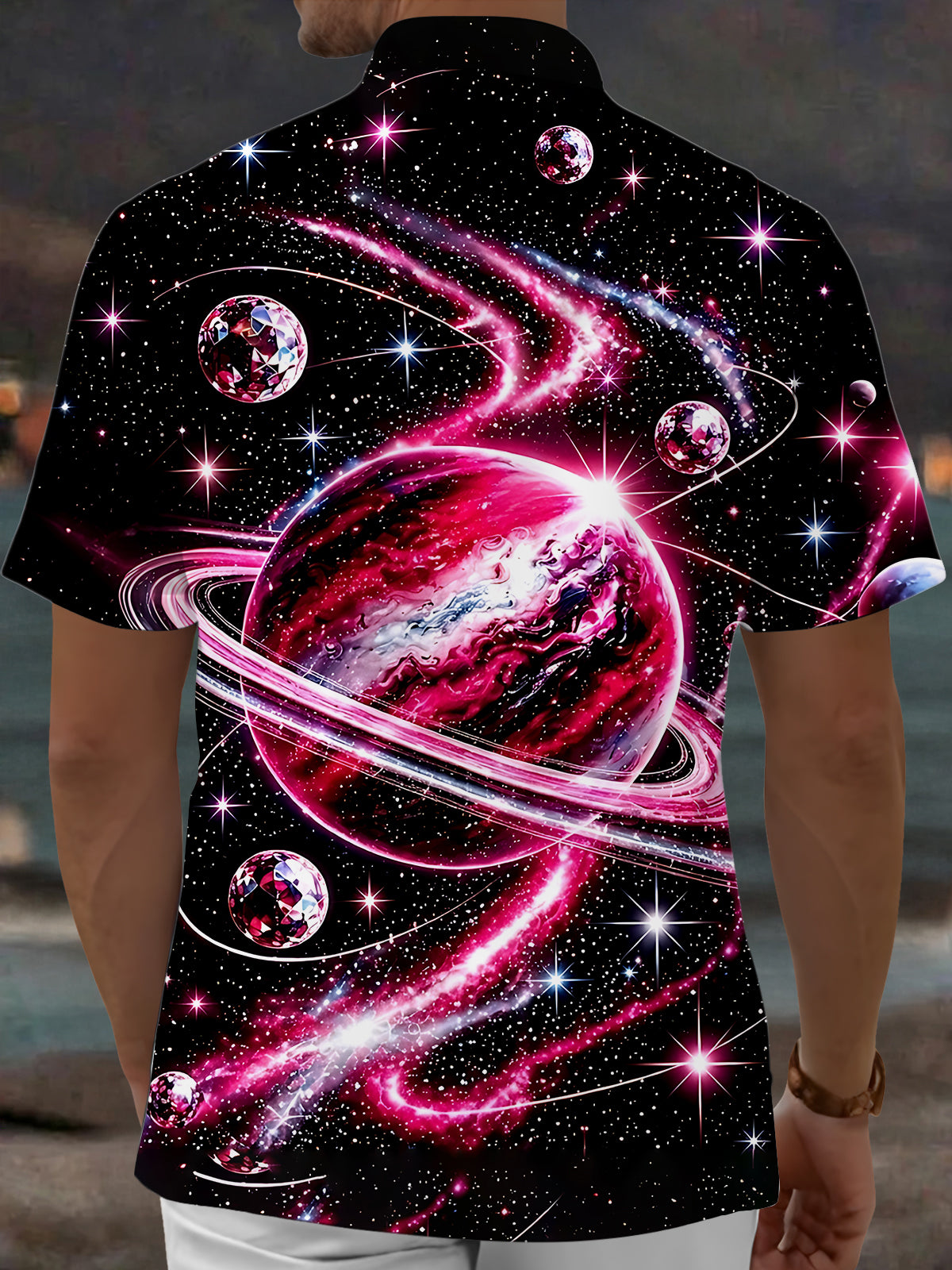 Oceanlyte Men's Space Galaxy With Planets And Stars Print Short Sleeve Shirt with Chest Pocket