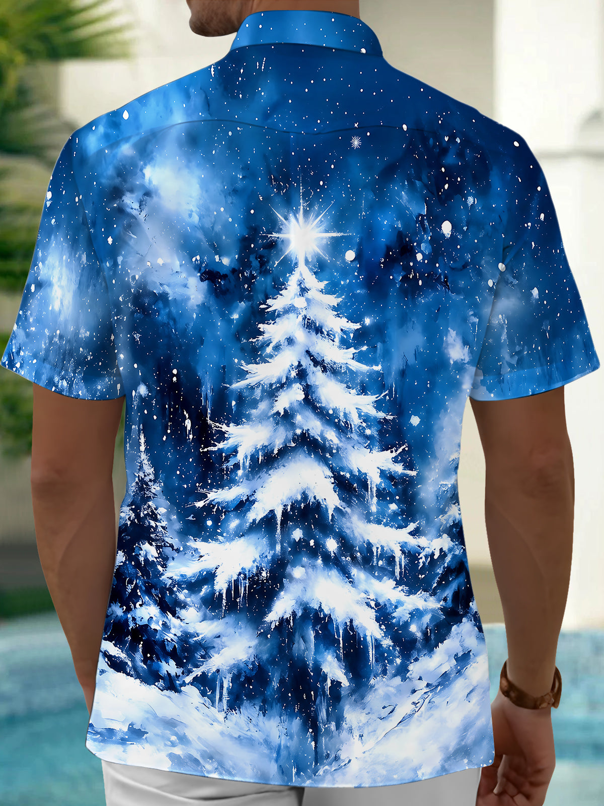 Oceanlyte Men's Hawaiian Snow-covered Christmas Tree Print Short Sleeve Shirt with Chest Pocket