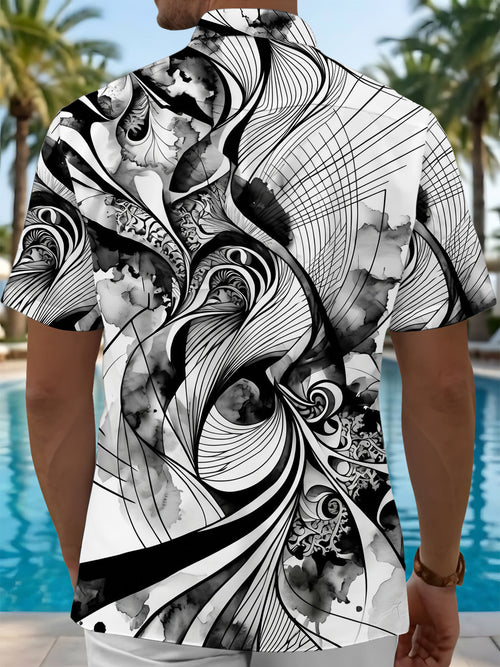 Oceanlyte Men's Abstract Abstract Swirl Lines Print Short Sleeve Shirt with Chest Pocket