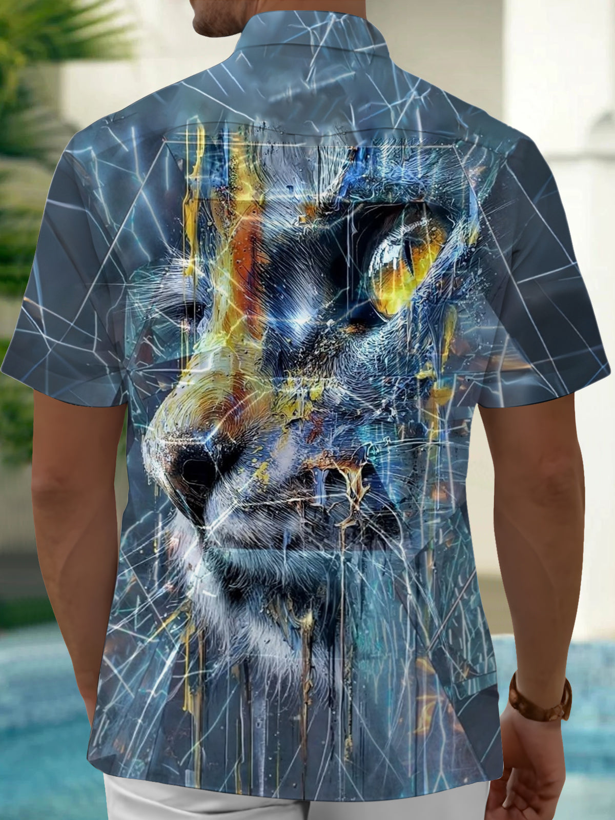 Oceanlyte Men's Printed Abstract Wolf Face Print Short Sleeve Shirt with Chest Pocket