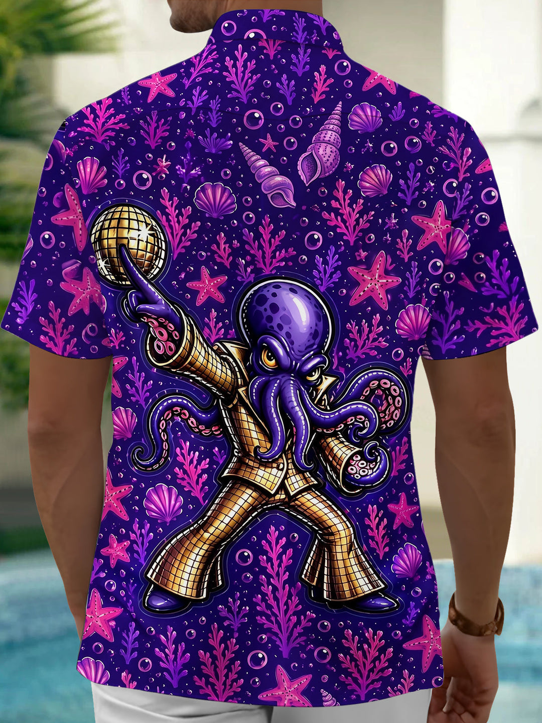 Oceanlyte Men's Hawaiian Disco Octopus Print Short Sleeve Shirt with Chest Pocket