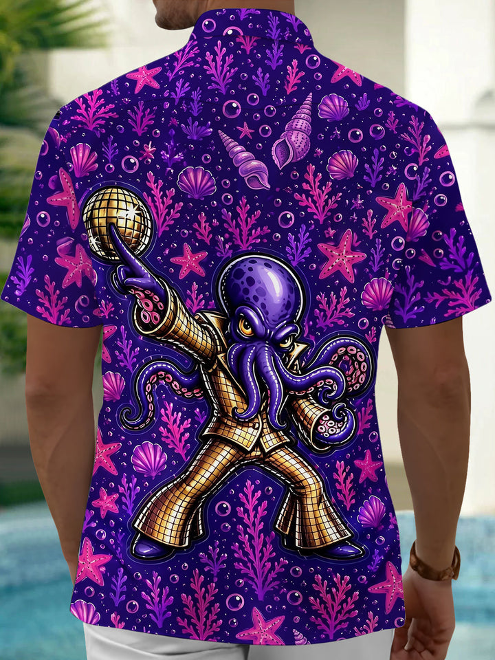 Oceanlyte Men's Hawaiian Disco Octopus Print Short Sleeve Shirt with Chest Pocket