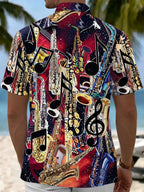 Oceanlyte Men's Graphic Saxophone Instruments Print Short Sleeve Shirt with Chest Pocket