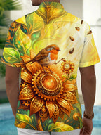 Oceanlyte Men's Graphic Steampunk Sunflower And Robin Print Short Sleeve Shirt with Chest Pocket