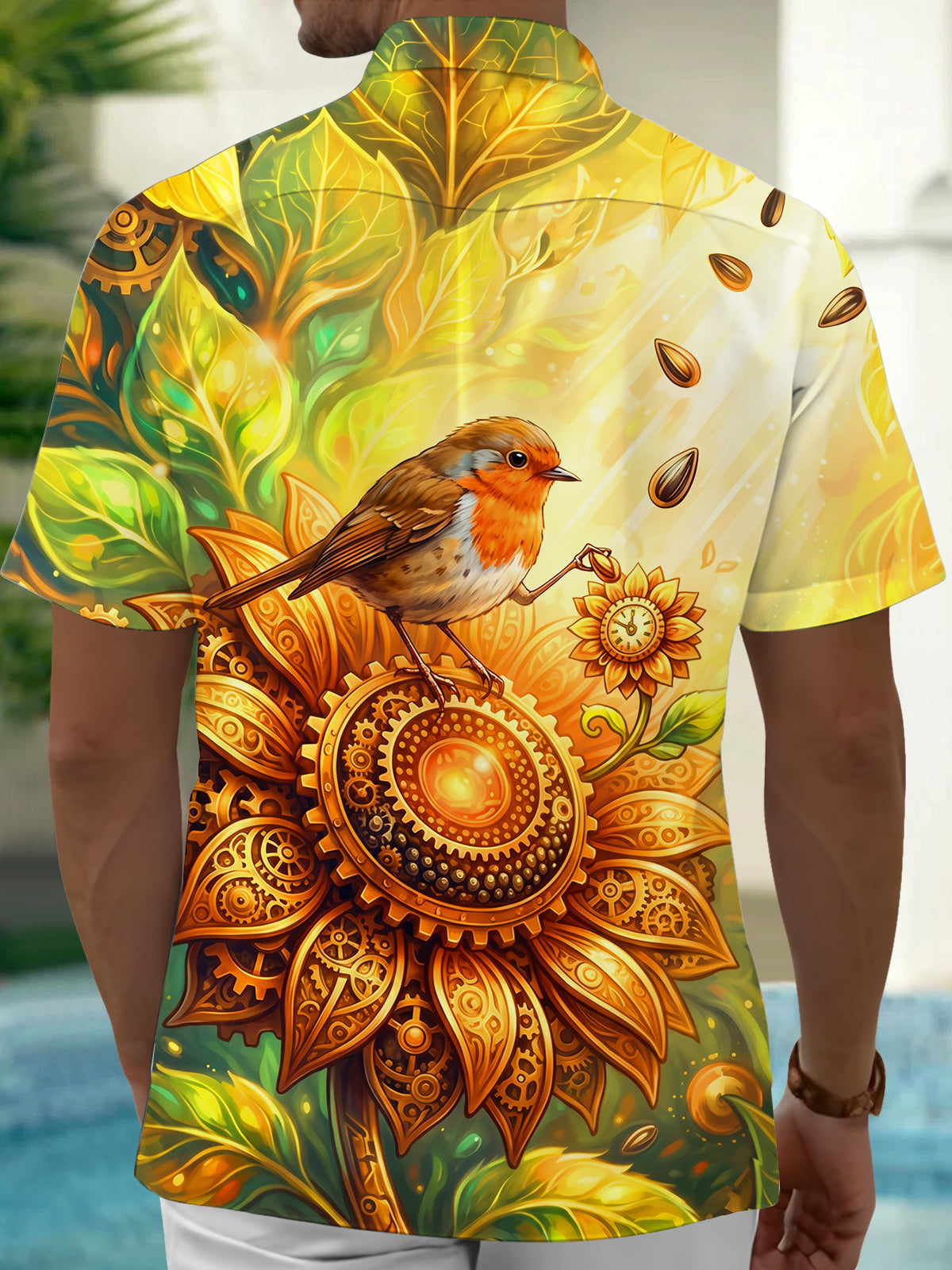 Oceanlyte Men's Graphic Steampunk Sunflower And Robin Print Short Sleeve Shirt with Chest Pocket