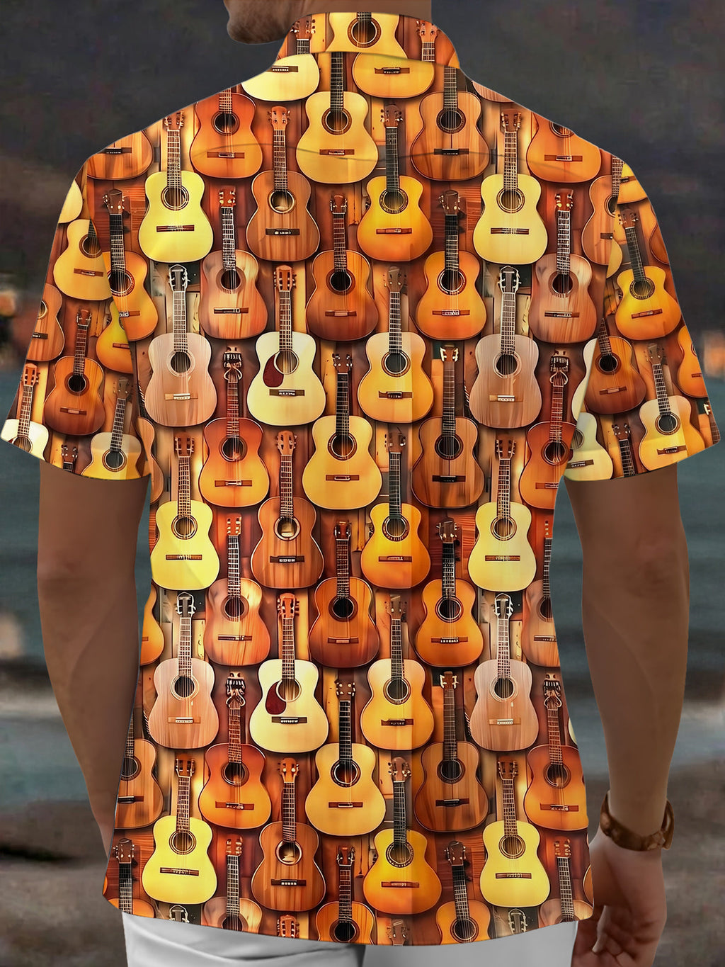 Oceanlyte Men's Hawaiian Acoustic Guitar Pattern Short Sleeve Shirt with Chest Pocket
