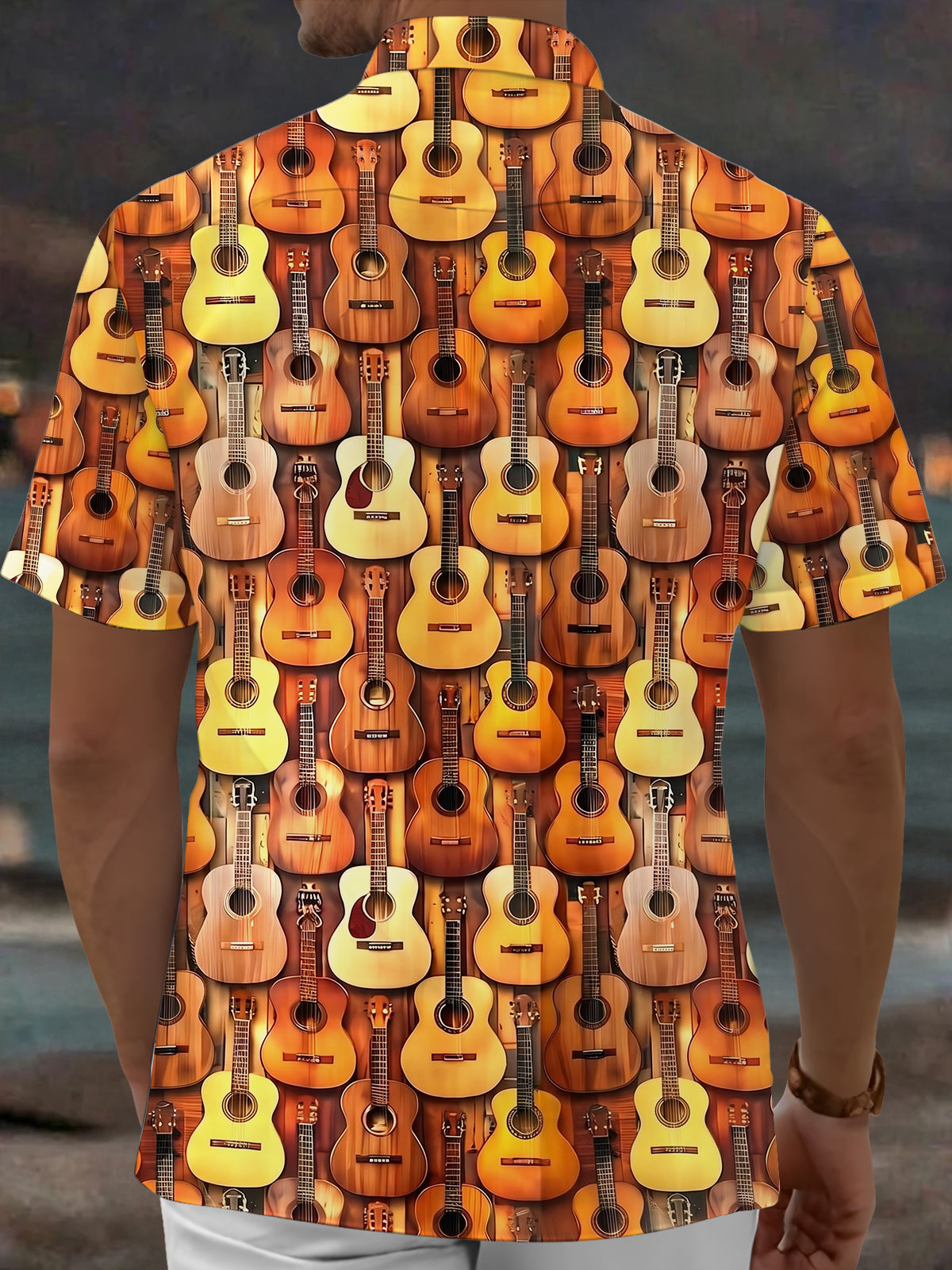 Oceanlyte Men's Hawaiian Acoustic Guitar Pattern Short Sleeve Shirt with Chest Pocket
