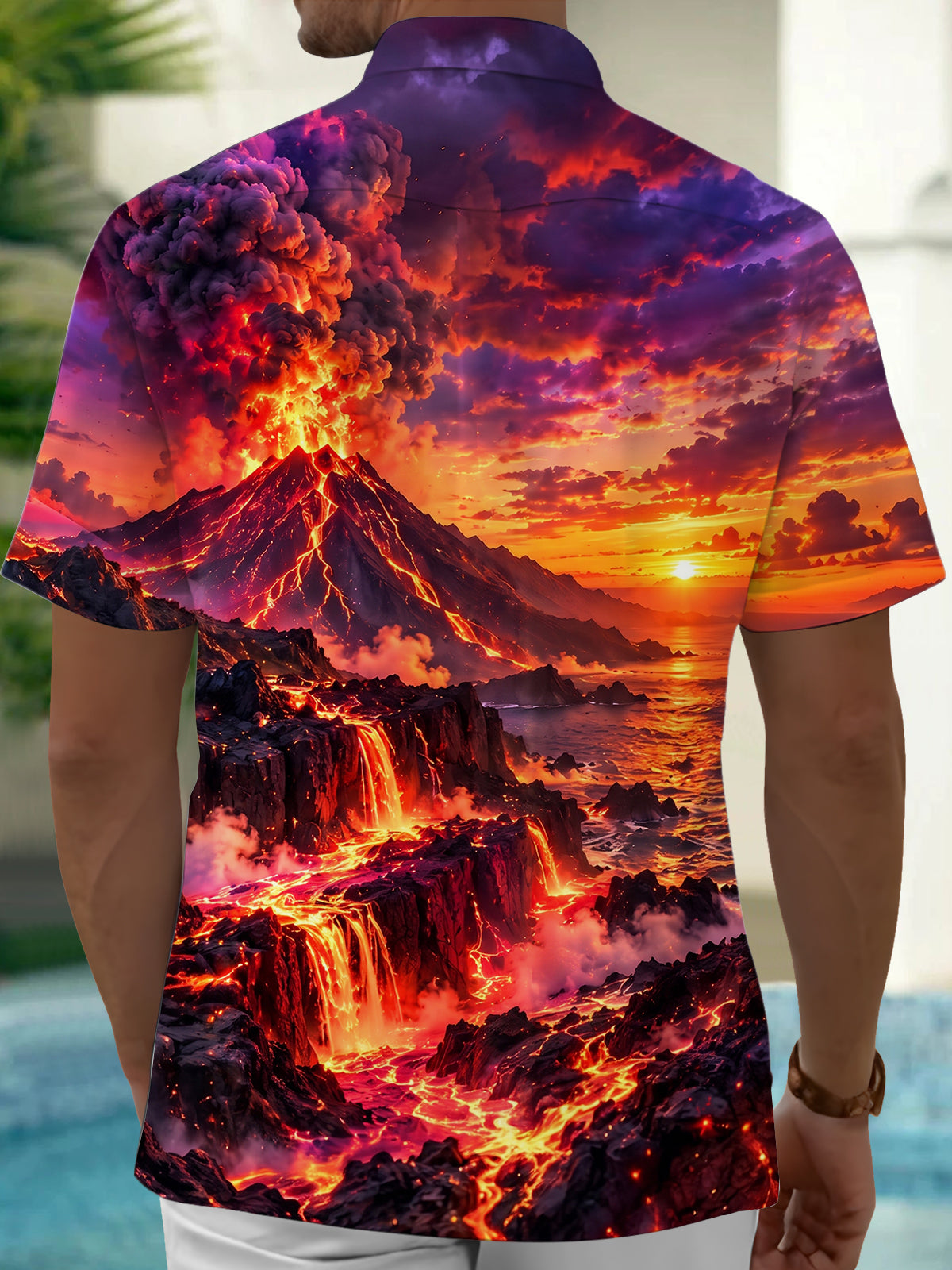 Oceanlyte Men's Volcano Eruption With Lava Flow Print Short Sleeve Shirt with Chest Pocket