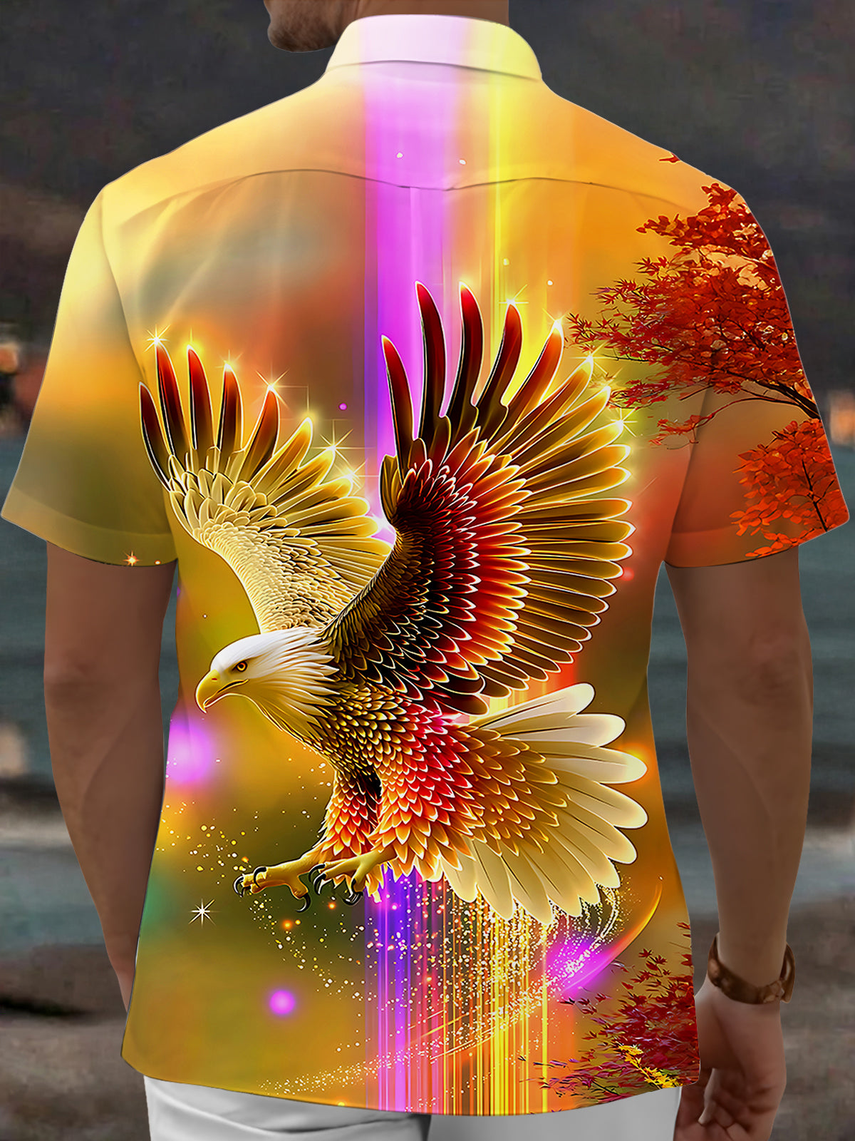 Oceanlyte Men's Graphic Golden Eagle Print Short Sleeve Shirt with Chest Pocket