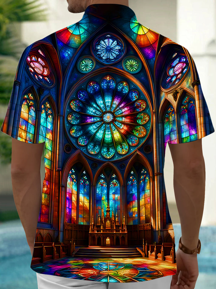 Oceanlyte Men's Graphic Stained Glass Church Print Short Sleeve Button Down Shirt with Chest Pocket
