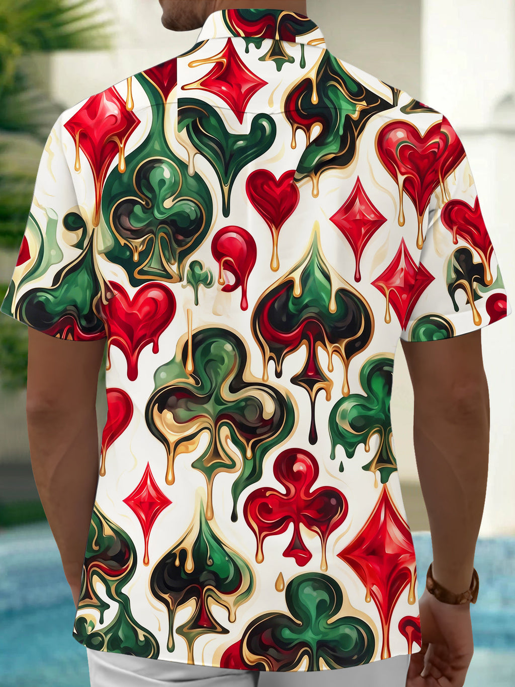 Oceanlyte Men's Hawaiian Melting Playing Card Suits Print Short Sleeve Shirt with Chest Pocket