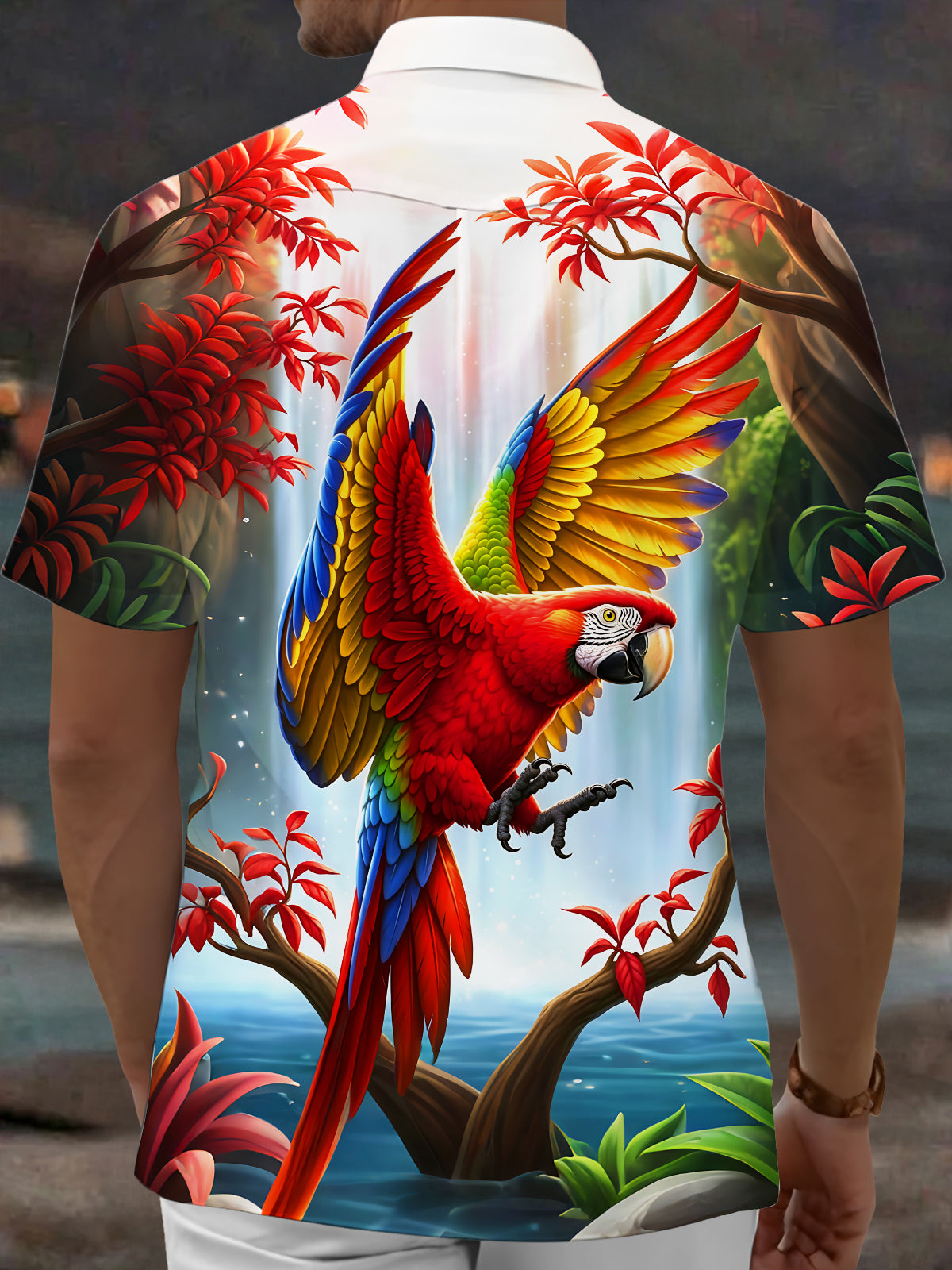 Oceanlyte Men's Hawaiian Scarlet Macaw Print Short Sleeve Shirt with Chest Pocket