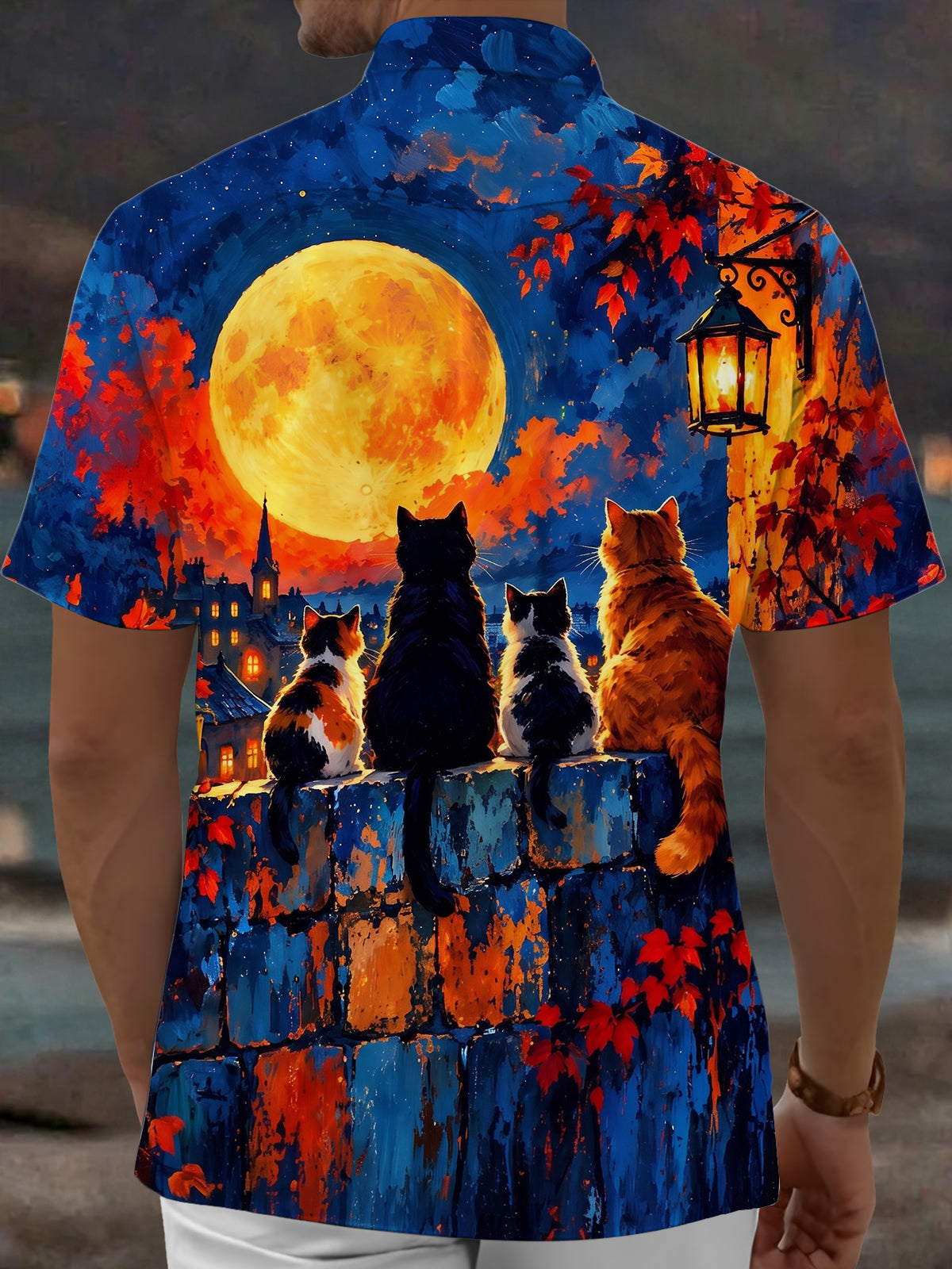 Oceanlyte Men's Short Sleeve Shirt - Cats On Wall With Moon And Autumn Leaves Print with Chest Pocket