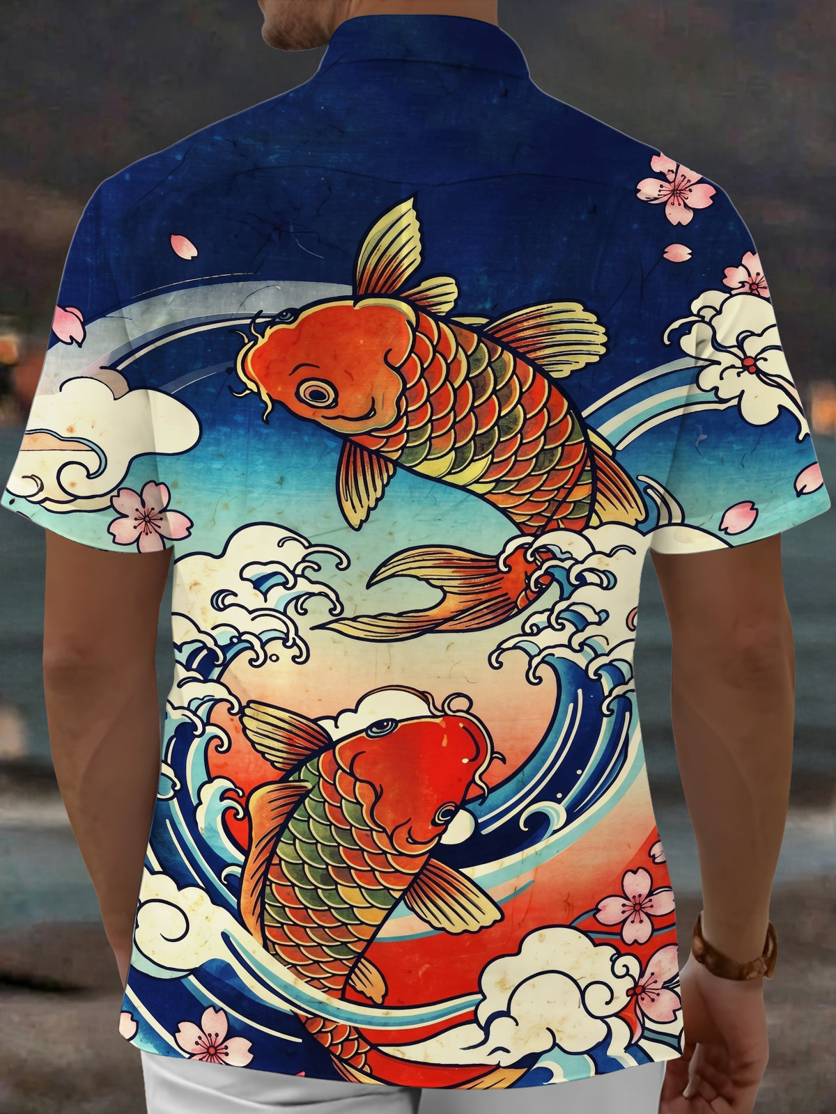 Oceanlyte Men's Hawaiian Koi Fish Print Ocean Waves Print Short Sleeve Shirt with Chest Pocket