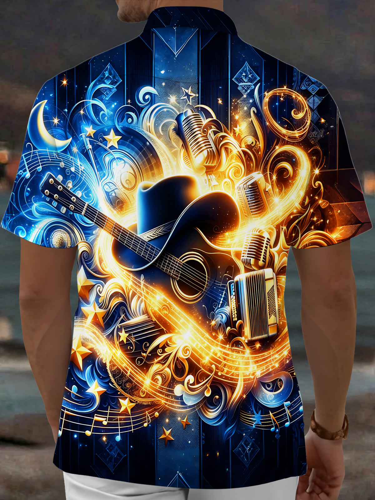 Oceanlyte Men's Printed Country Music Instruments Print Short Sleeve Shirt with Chest Pocket