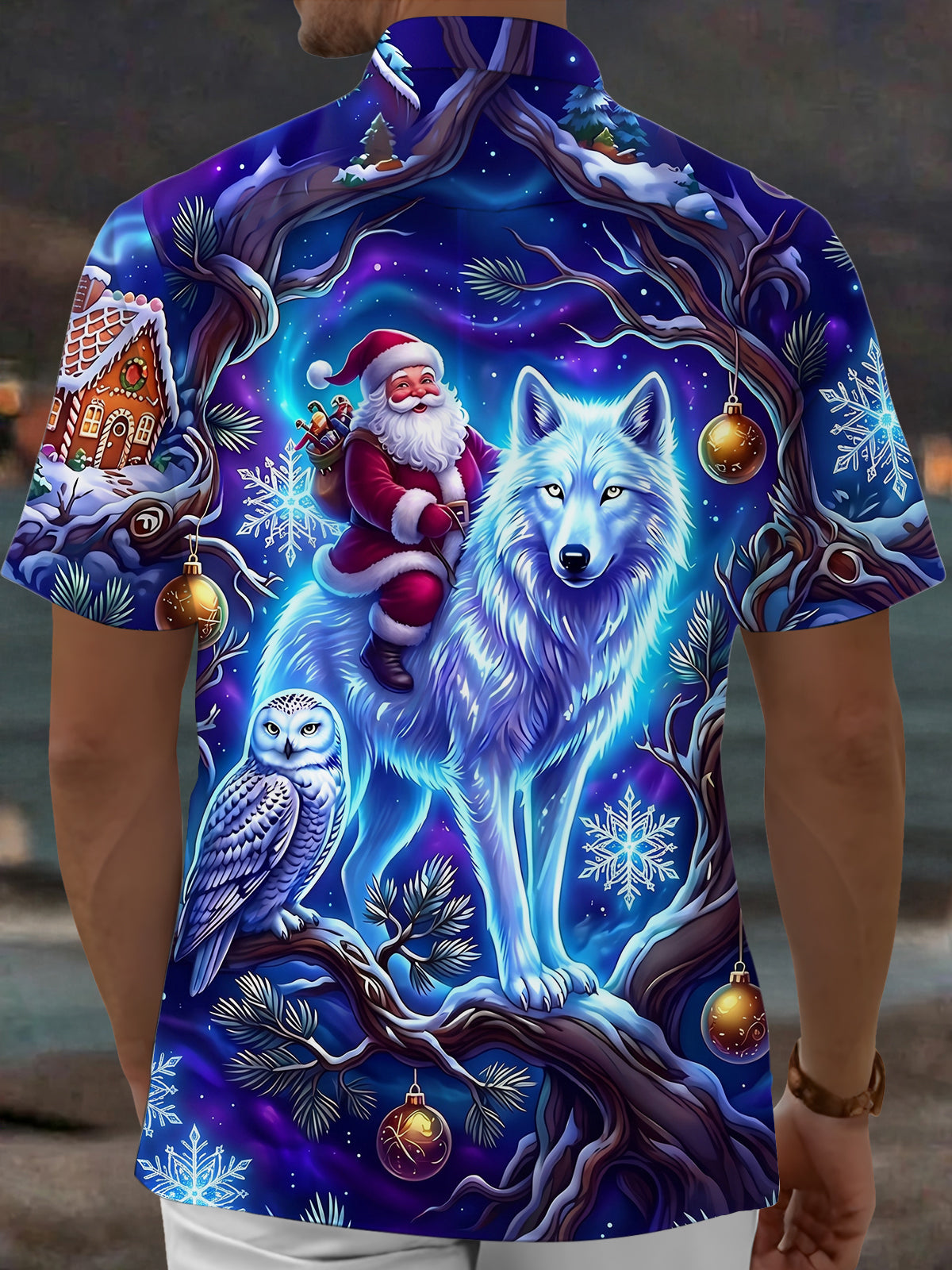 Oceanlyte Men's Graphic White Wolf And Santa Claus Print Short Sleeve Shirt with Chest Pocket