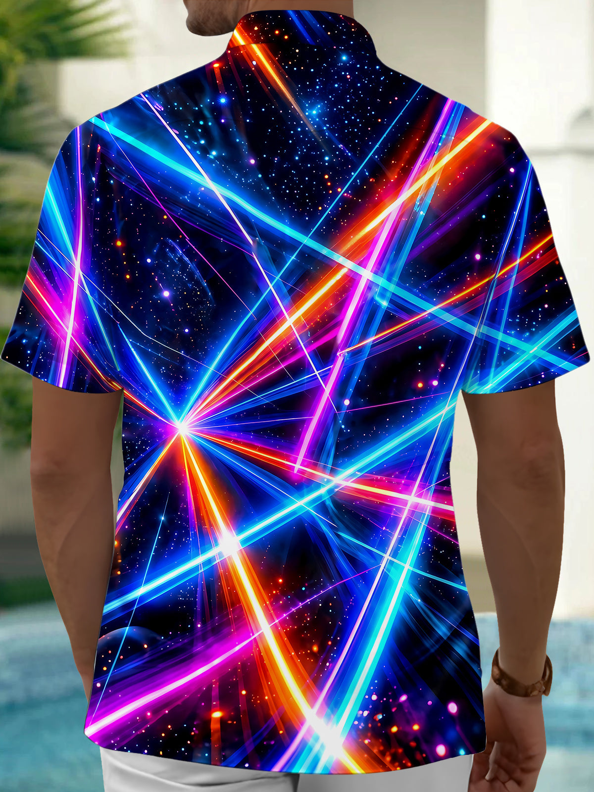Oceanlyte Men's Neon Geometric Light Rays And Stars Print Short Sleeve Shirt with Chest Pocket
