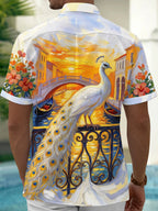 Oceanlyte Men's White Peacock And Venice Canal Scene Print Short Sleeve Shirt with Chest Pocket